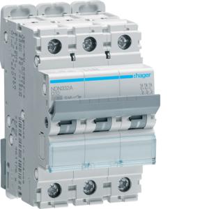 Hager NDN332A Miniature Circuit Breaker, MCB, 3 Pole, 32A, 415V, D Curve, 10KA, Din Rail Mount, 3 Module