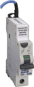 NHP DSRCBS2030CAN Din-Safe Series RCBO, DIN-T, Type A, C Curve, 1 Pole, 1P+N, 240V, 20A, 30mA, 6KA, Din Rail Mount, 1 Module, With Neutral Pigtail