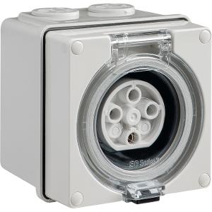 Schneider EY56SO420 Easy56 Series Socket Outlet, Socket only, IP66, 415V, 3 Phase, 20A, 4 Round Pins, Surface Mount, 101mm H x 101mm W x 101mm D, Grey