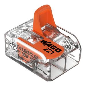 Wago 221-612 2-Wire Connector, Splicing Connector, Cage Clamp, 41A, 450V, 50 PCE Box, 16x21.1x10.1mm, Transparent/Orange Actuator