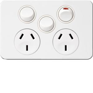Hager WBSP2XS Silhouette Series GPO, Double, Powerpoint, Switchplug Combination, With Extra Switch, Single Pole, Flush, Horizontal, 250V 10A, 3 Pin, Gloss White