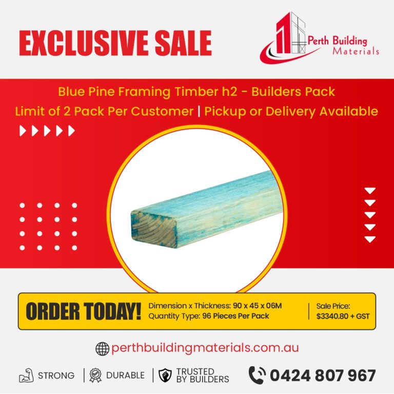 Advertisement banner for Perth Building Materials promoting Blue Pine framing timber; features a circular image of blue timber and an 'ORDER TODAY' callout area.