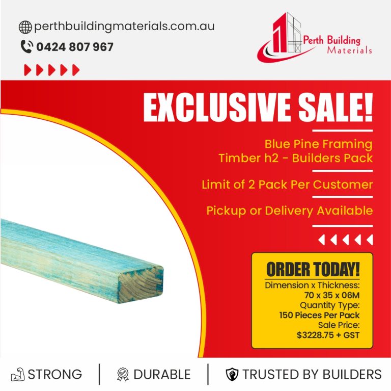 Promotional ad for Perth Building Materials featuring a timber beam, bold 'EXCLUSIVE SALE' text, order box with size and price, logo, and contact details.