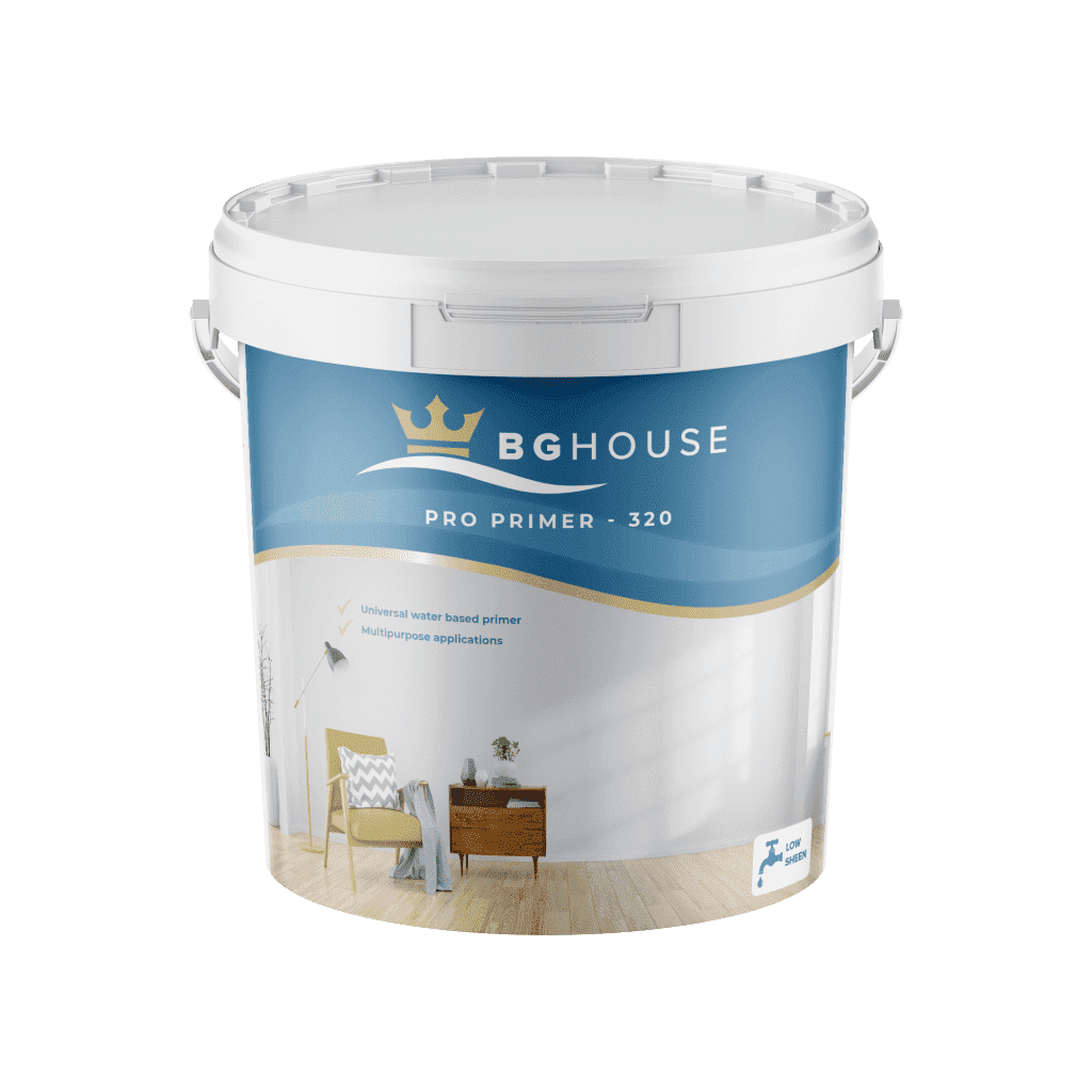 White paint bucket with a blue label that reads 'BG HOUSE PRO PRIMER - 320' and a room scene on the lower label area.