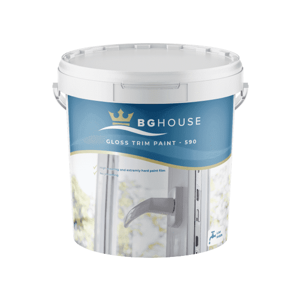 Paint bucket labeled BG House Gloss Trim Paint 590, white with a blue gradient label and white lid.