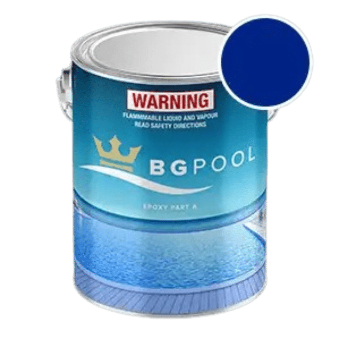 Blue paint can labeled BG Pool with a circular blue color swatch on the lid and a warning sign nearby.