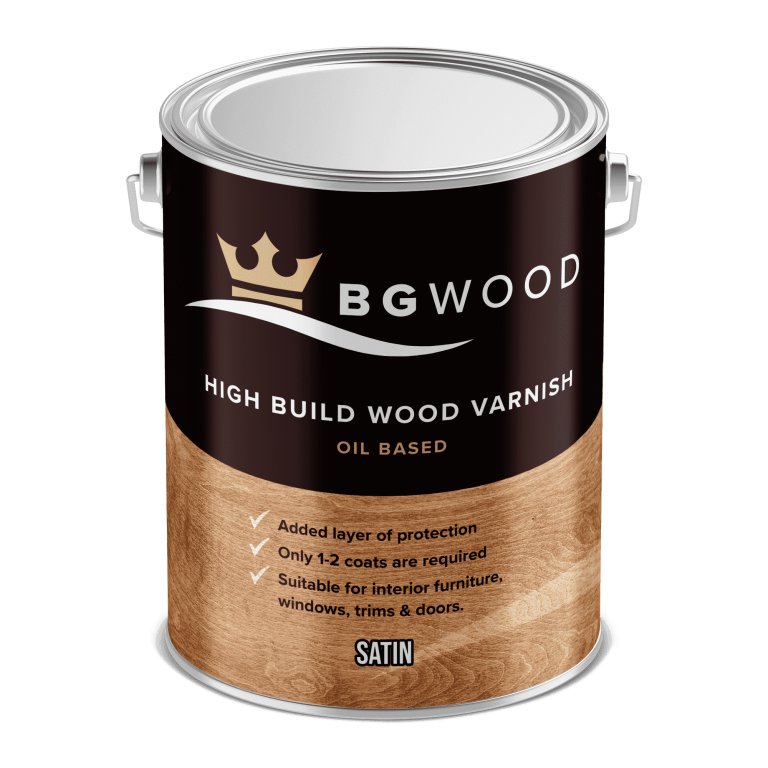 Close-up of a dark brown wood varnish can with a silver lid and side handles; label reads 'High Build Wood Varnish' with satin finish.